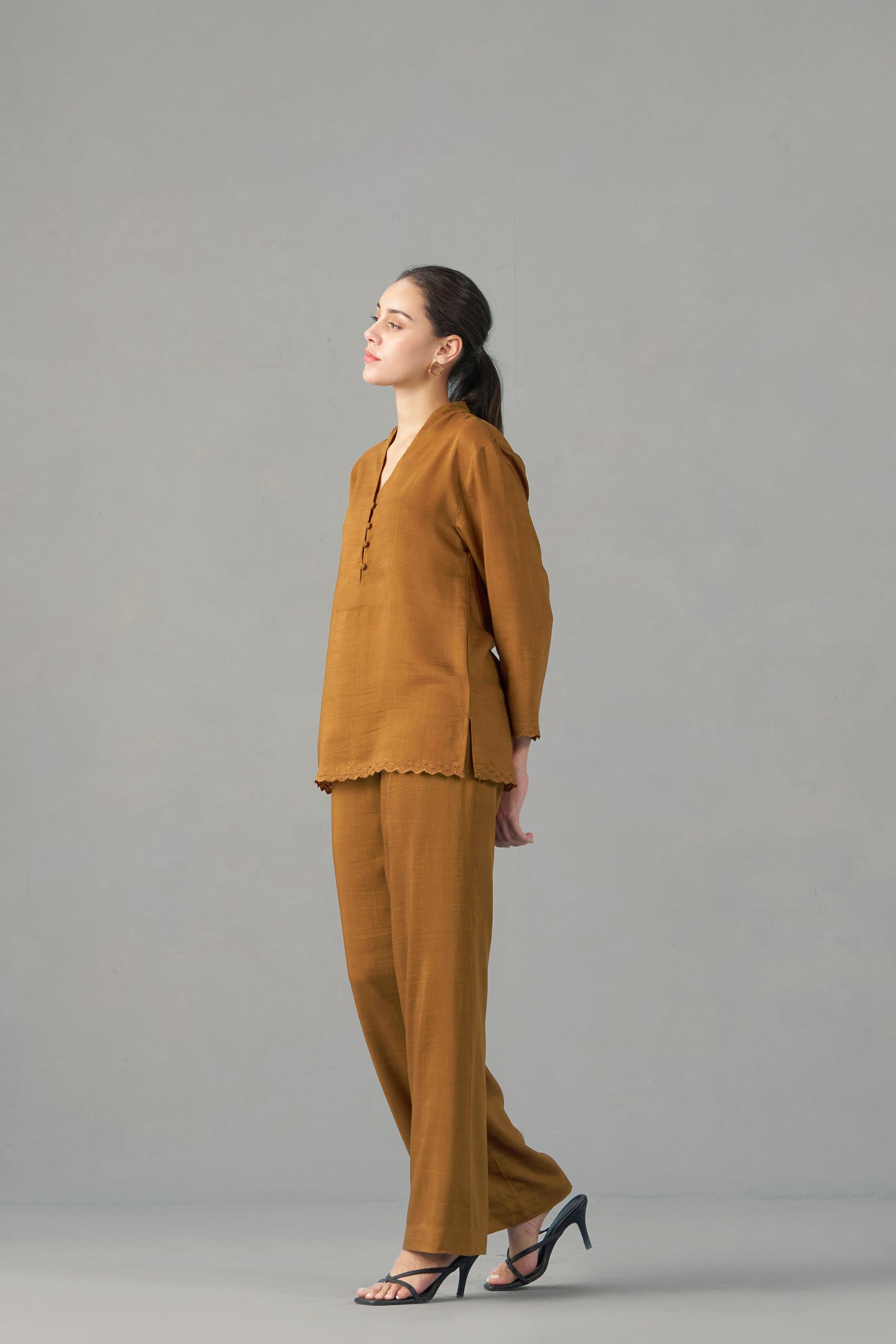 Women Musturd Embroidered Scalloped Hem | leftside  view | fancy tops for women​
