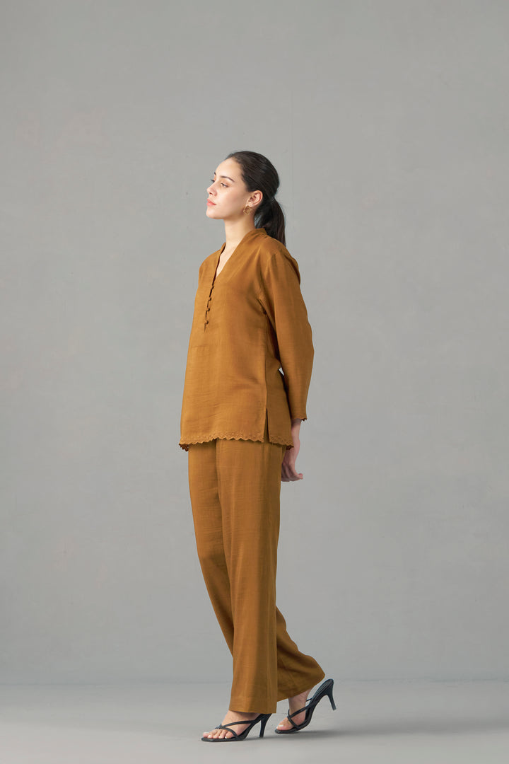 Women Musturd Embroidered Scalloped Hem | leftside  view | fancy tops for women​
