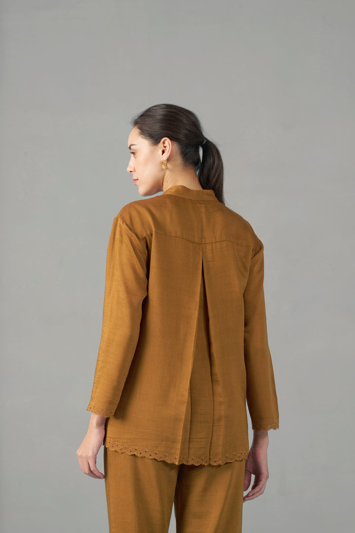 Women Musturd Embroidered Scalloped Hem | fancy tops for women​| backside design view