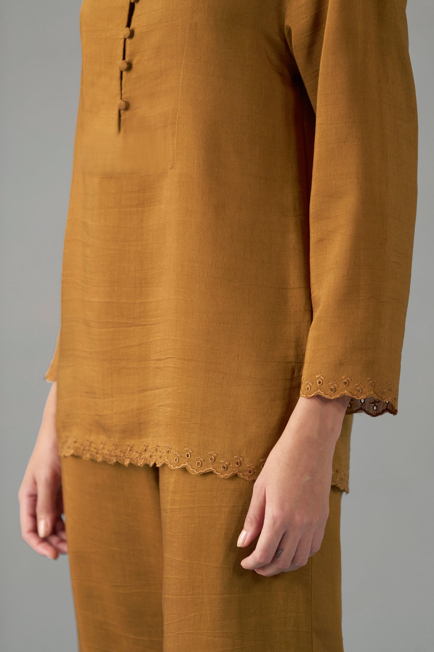 Women Musturd Embroidered Scalloped Hem | Embroidered pattern view | fancy tops for women​
