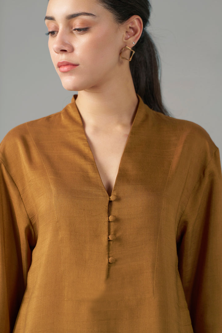 Women Musturd Embroidered Scalloped Hem | fancy tops for women​|  neckside view