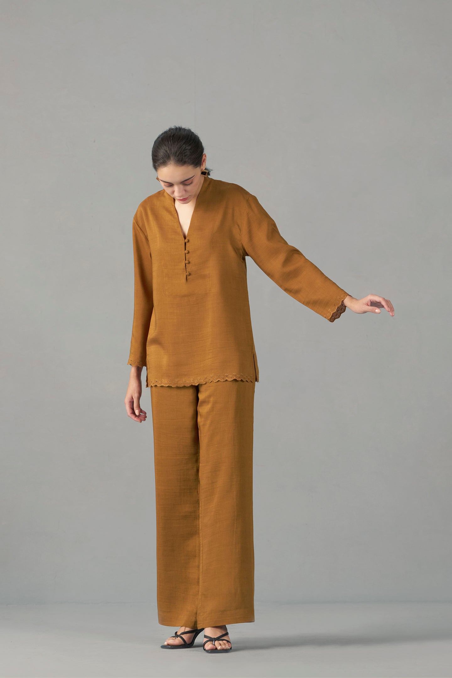 Women Musturd Embroidered Scalloped Hem full view | fancy tops for women​
