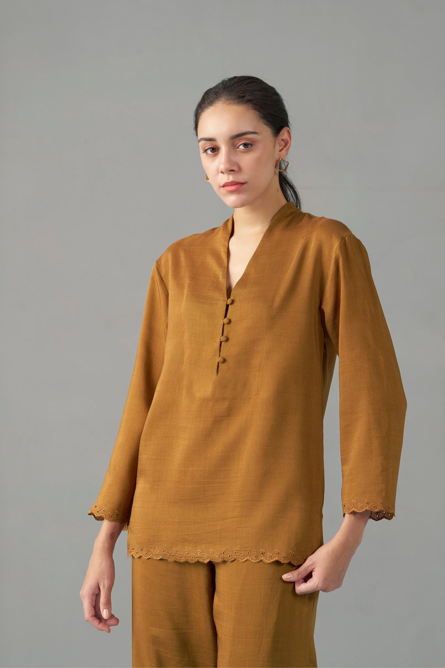  Musturd Embroidered Scalloped Hem | fancy tops for women​
 |half upperside view 