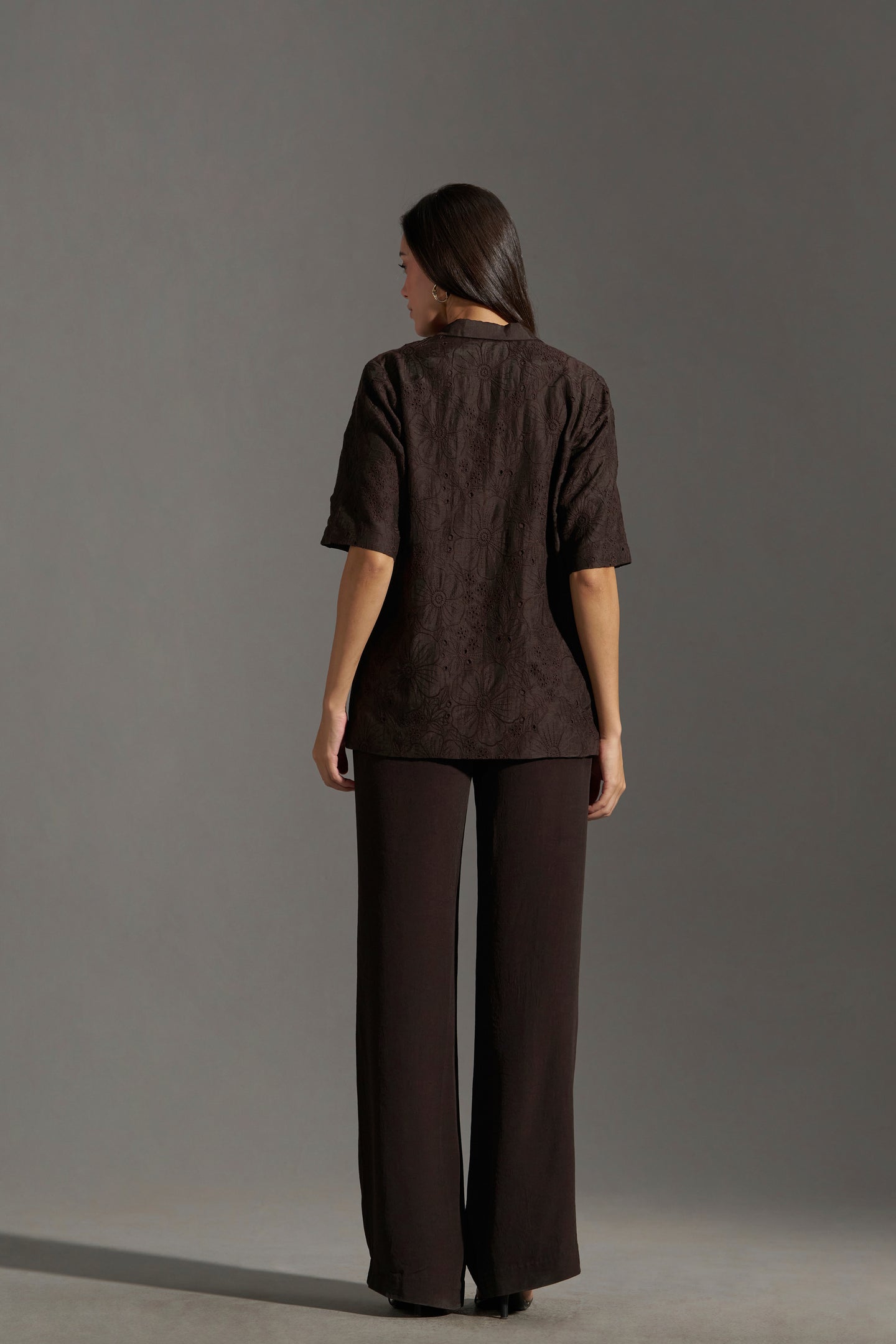 Dark Chocolate Embroidered Short Sleeve Blazer for Women | backside full view