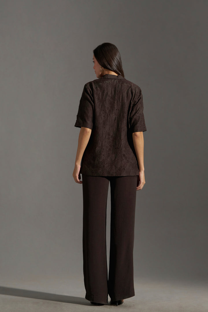 Dark Chocolate Embroidered Short Sleeve Blazer for Women | backside full view