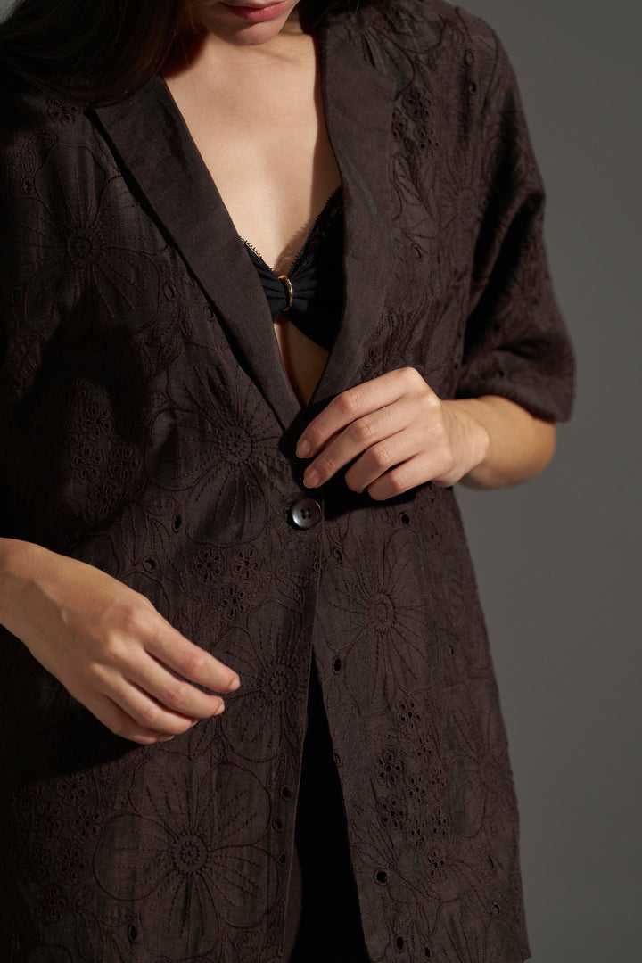 Dark Chocolate Embroidered Short Sleeve Blazer for Women | embroidered design and button view