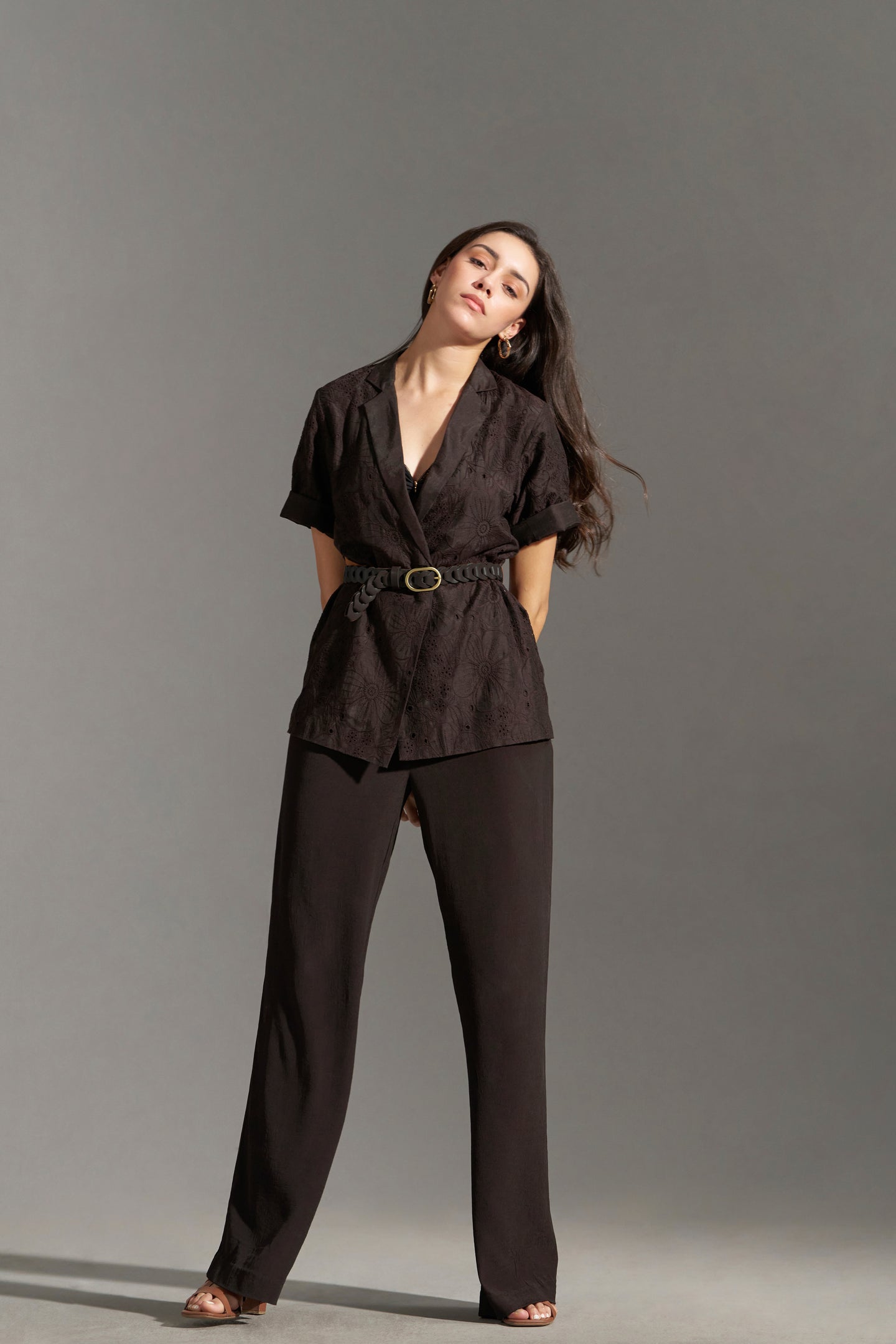 Dark Chocolate Embroidered Short Sleeve Blazer for Women