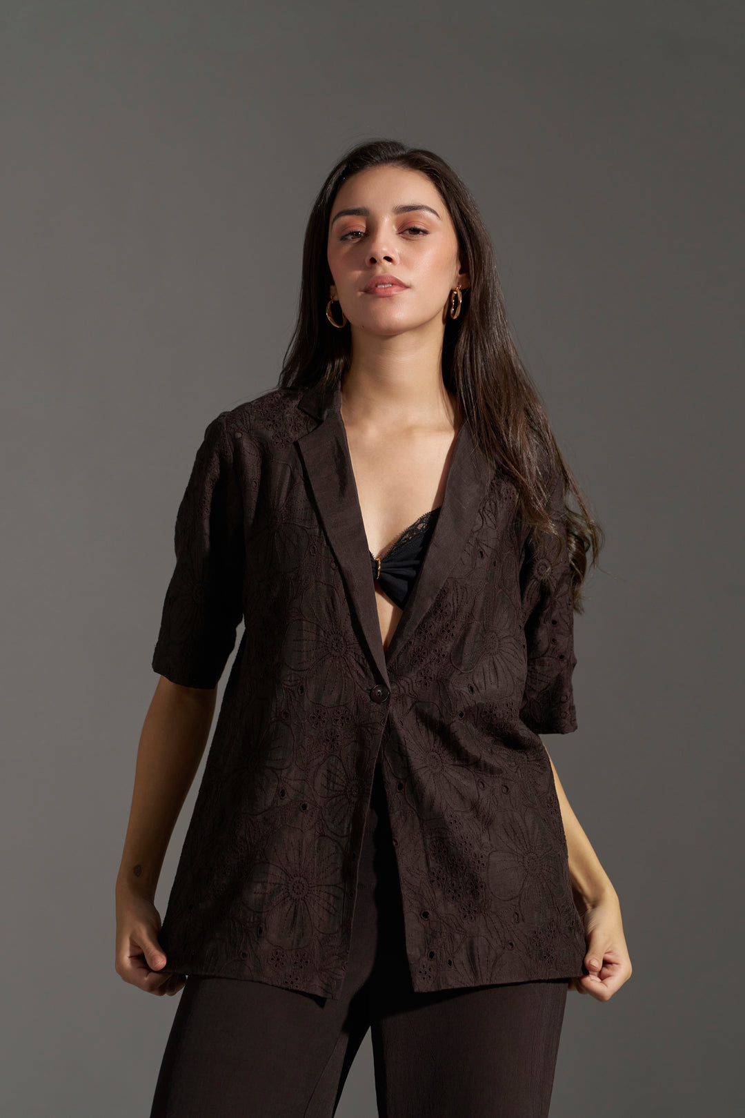 Dark Chocolate Embroidered Short Sleeve Blazer for Women | frontside full view