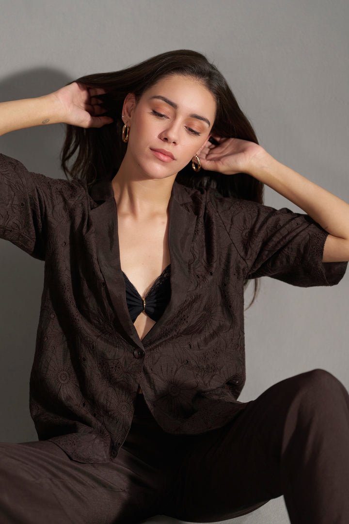 Dark Chocolate Embroidered Short Sleeve Blazer for Women