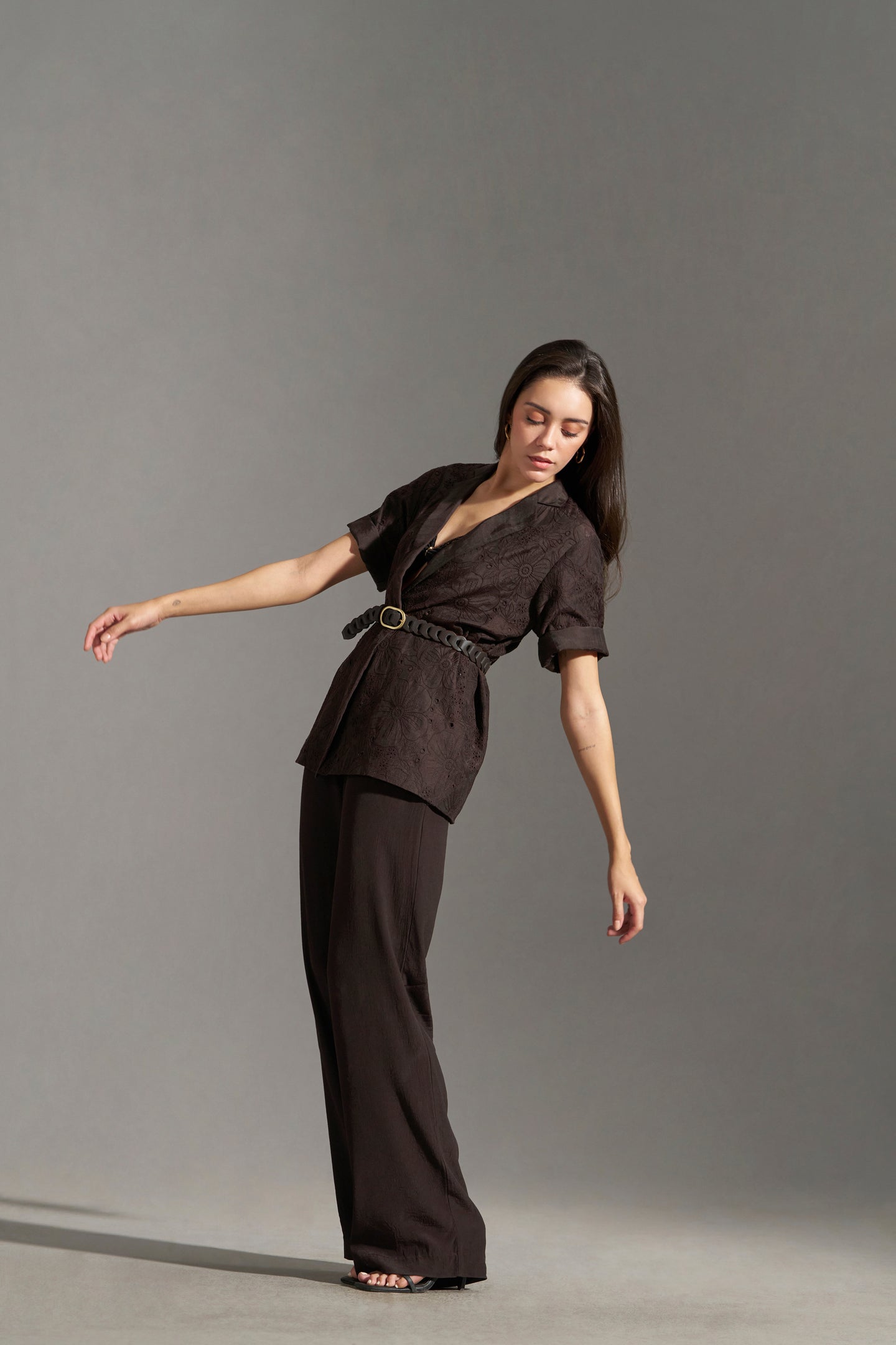 Dark Chocolate Embroidered Short Sleeve Blazer for Women | top & bottom pair view