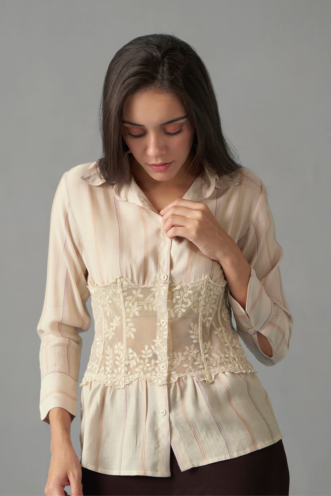 Embroidered Corset Detail Shirt for Women |frontside full view