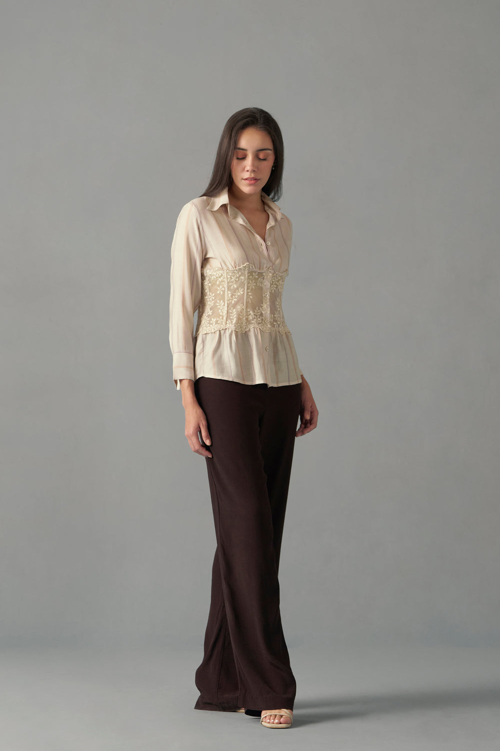 Embroidered Corset Detail Shirt for Women | Strip print view