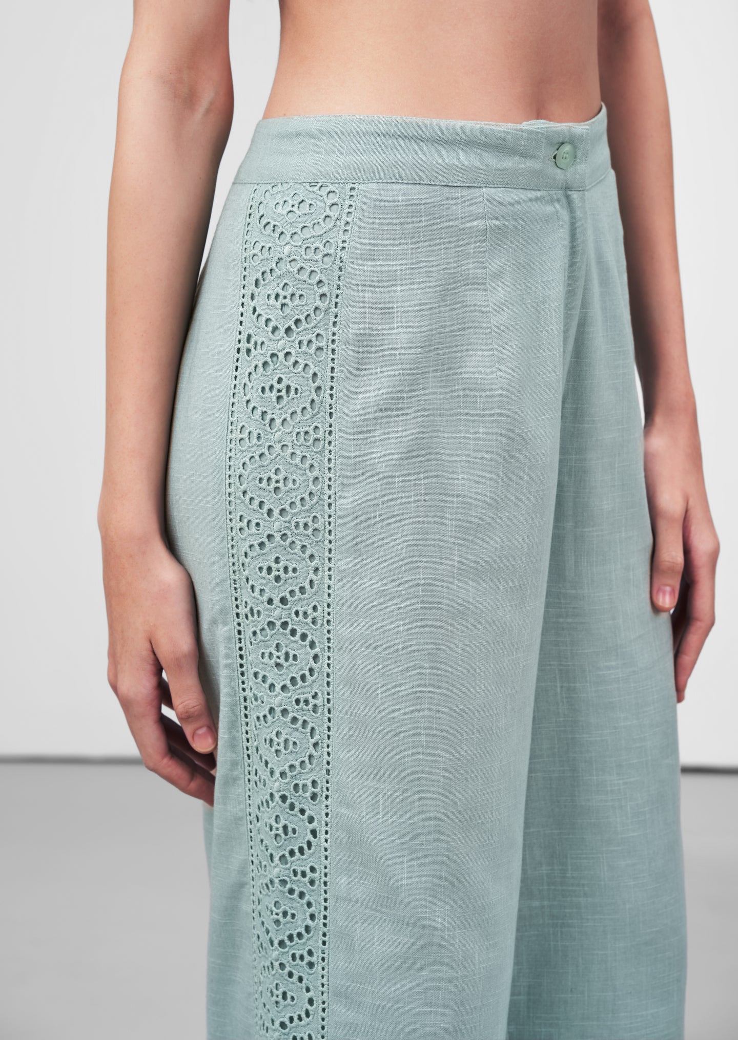 Women Pants 100% Cotton High Waist Straight Fit Cutwork Embroidery Anglaise Green Trousers | Light Green Lace Trim Trousers For Women's | Right Side Zoom View Lace Trim Trousers