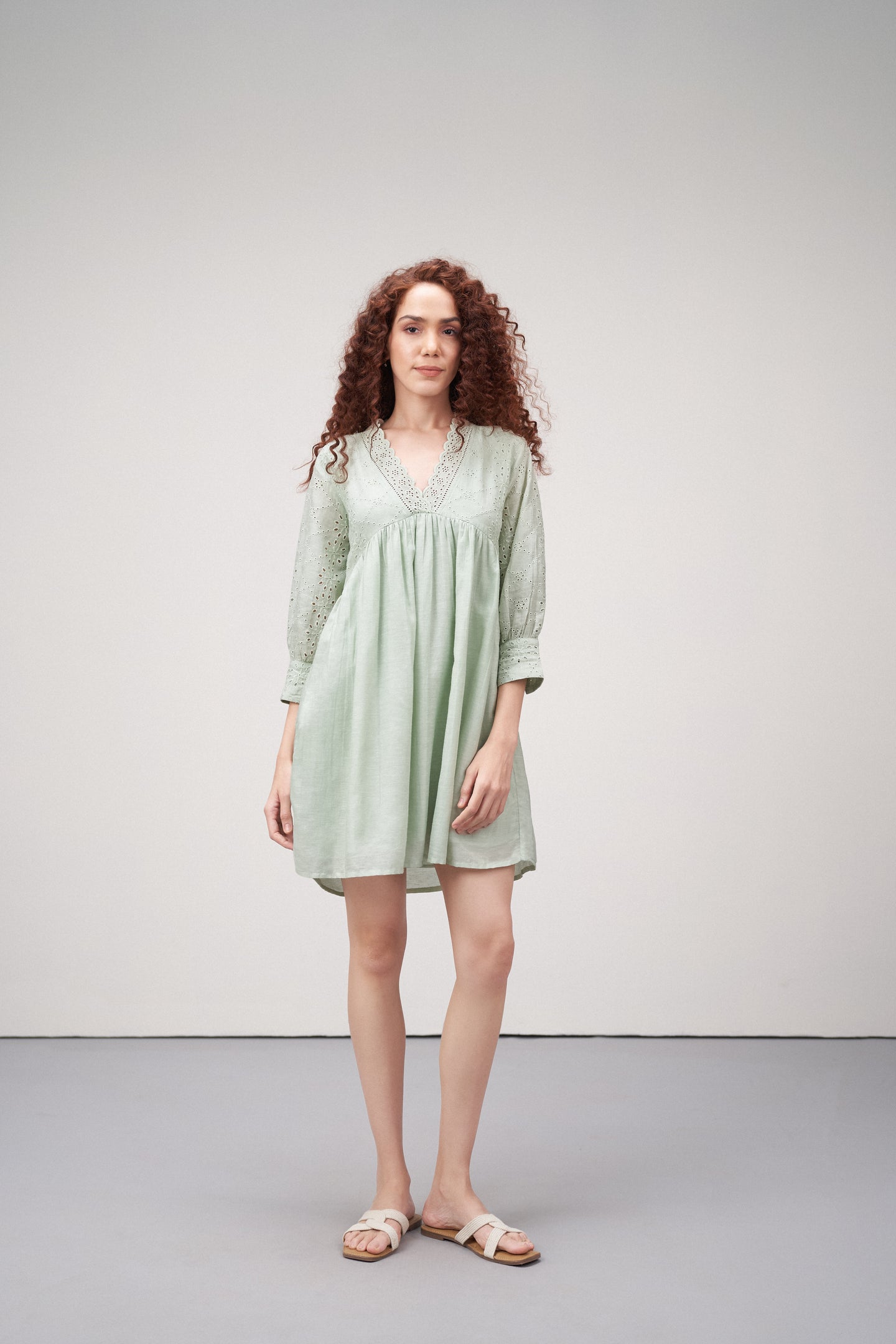 Linen Cutwork Embroidery Long Sleeves V Neckline Scalloped Edge Lightweight Mini Short Dress For Women Ladies Light Green Color | Women's Premium Linen Cotton Green Embroidered Cutwork V-neck Mini Dress | Broidery Anglaise Short Dress 