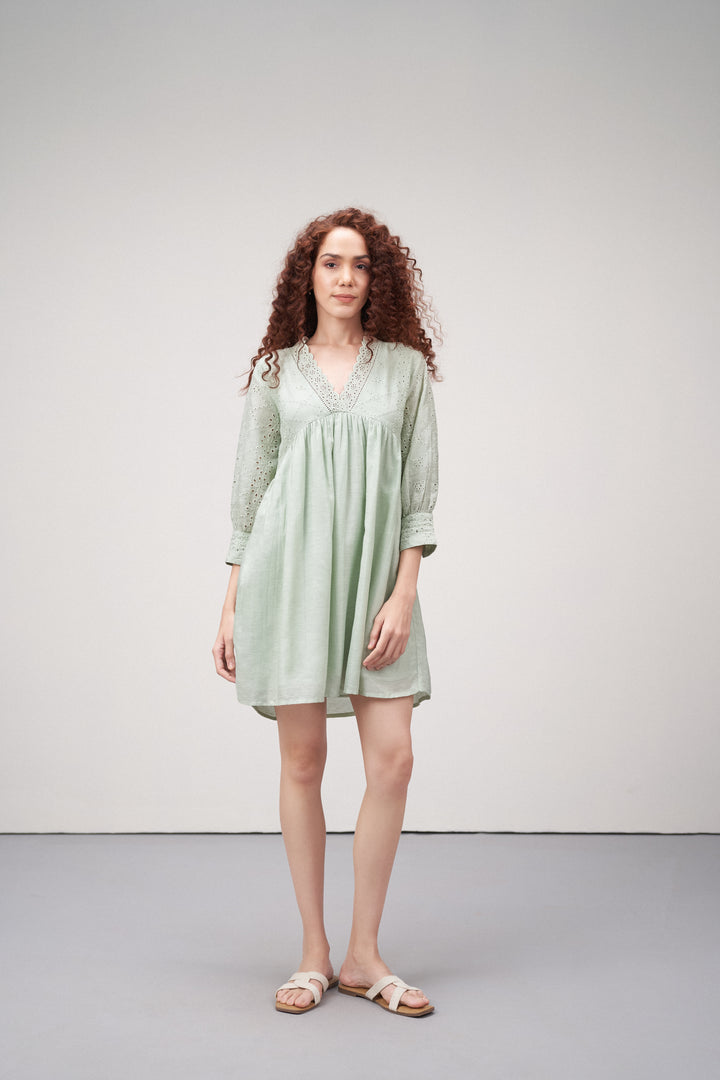 Linen Cutwork Embroidery Long Sleeves V Neckline Scalloped Edge Lightweight Mini Short Dress For Women Ladies Light Green Color | Women's Premium Linen Cotton Green Embroidered Cutwork V-neck Mini Dress | Broidery Anglaise Short Dress 