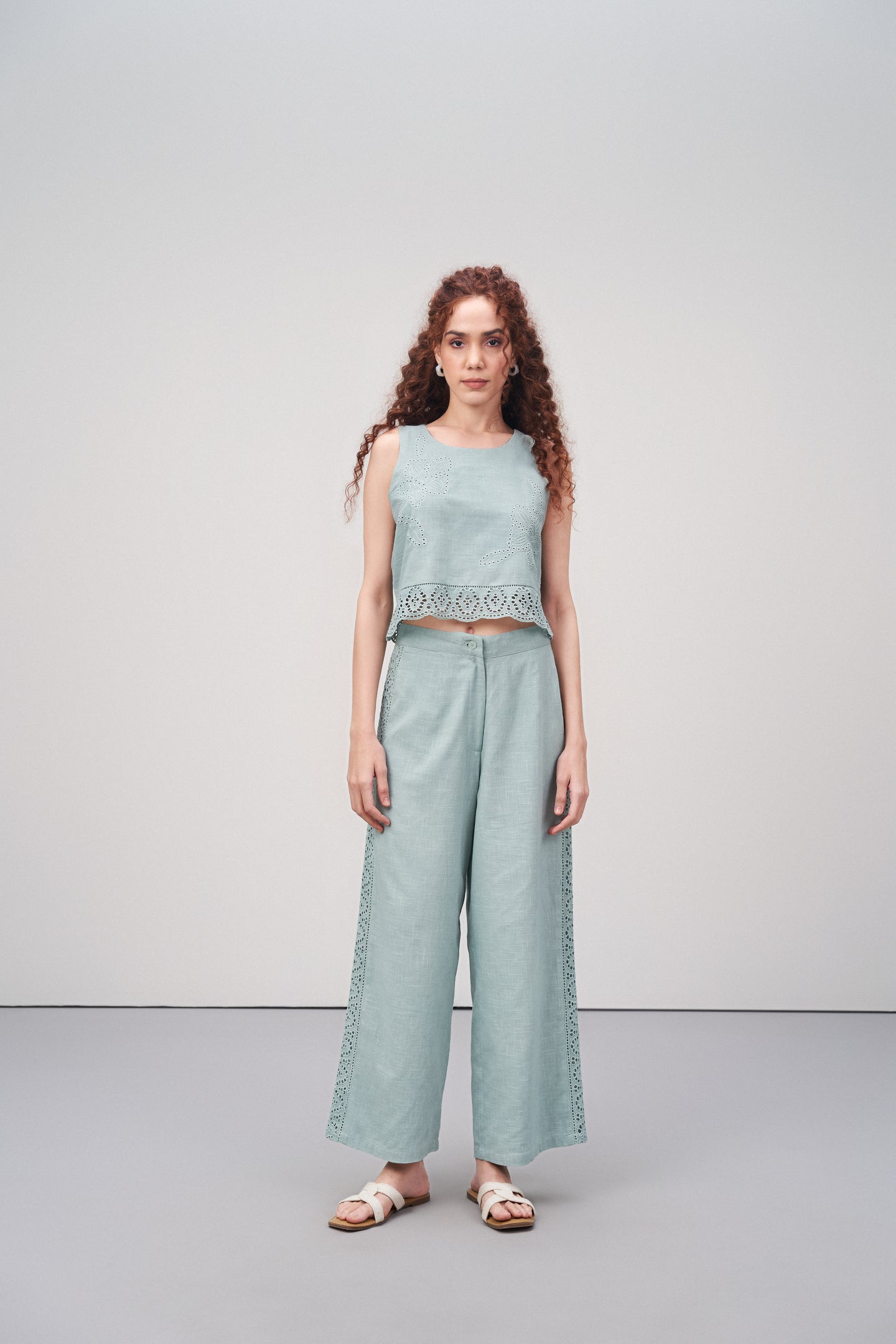 Women Pants 100% Cotton High Waist Straight Fit Cutwork Embroidery Anglaise Green Trousers | Light Green Lace Trim Trousers For Women's | Full Boldy Front View Lace Trim Trousers