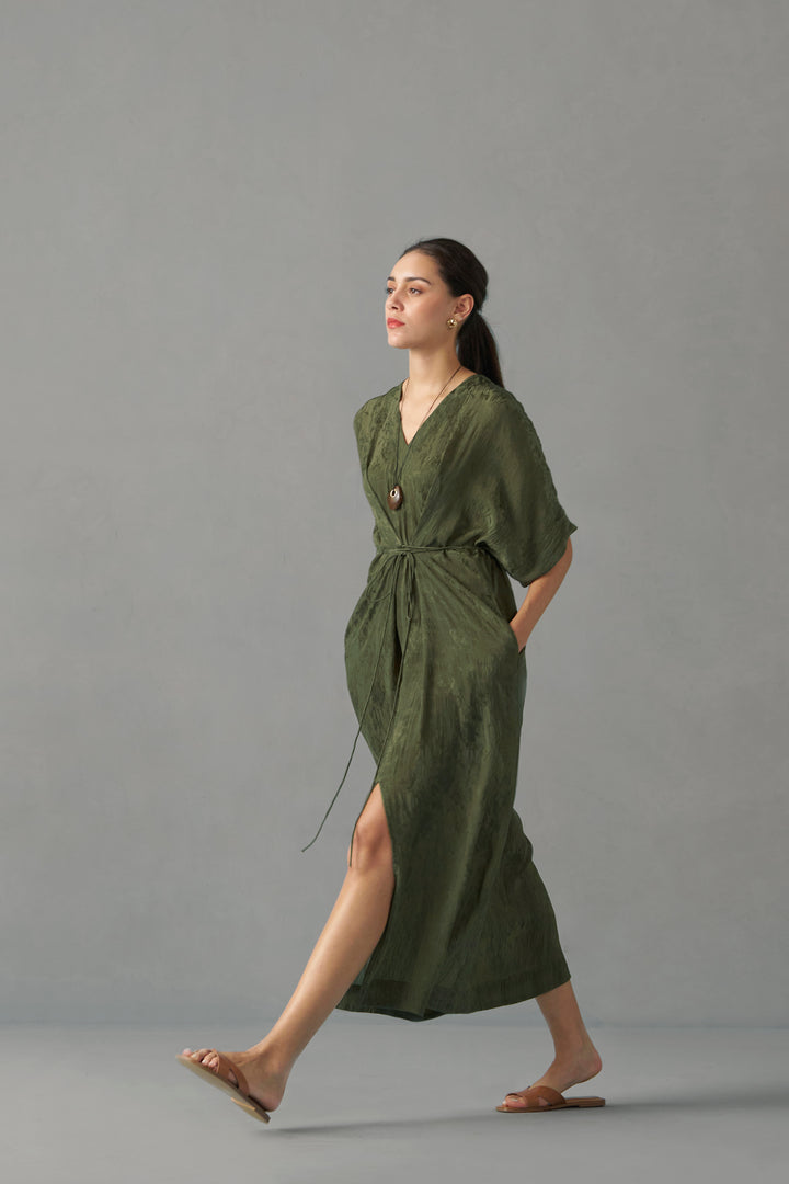 CRINKLED JACQUARD KAFTAN DRESS