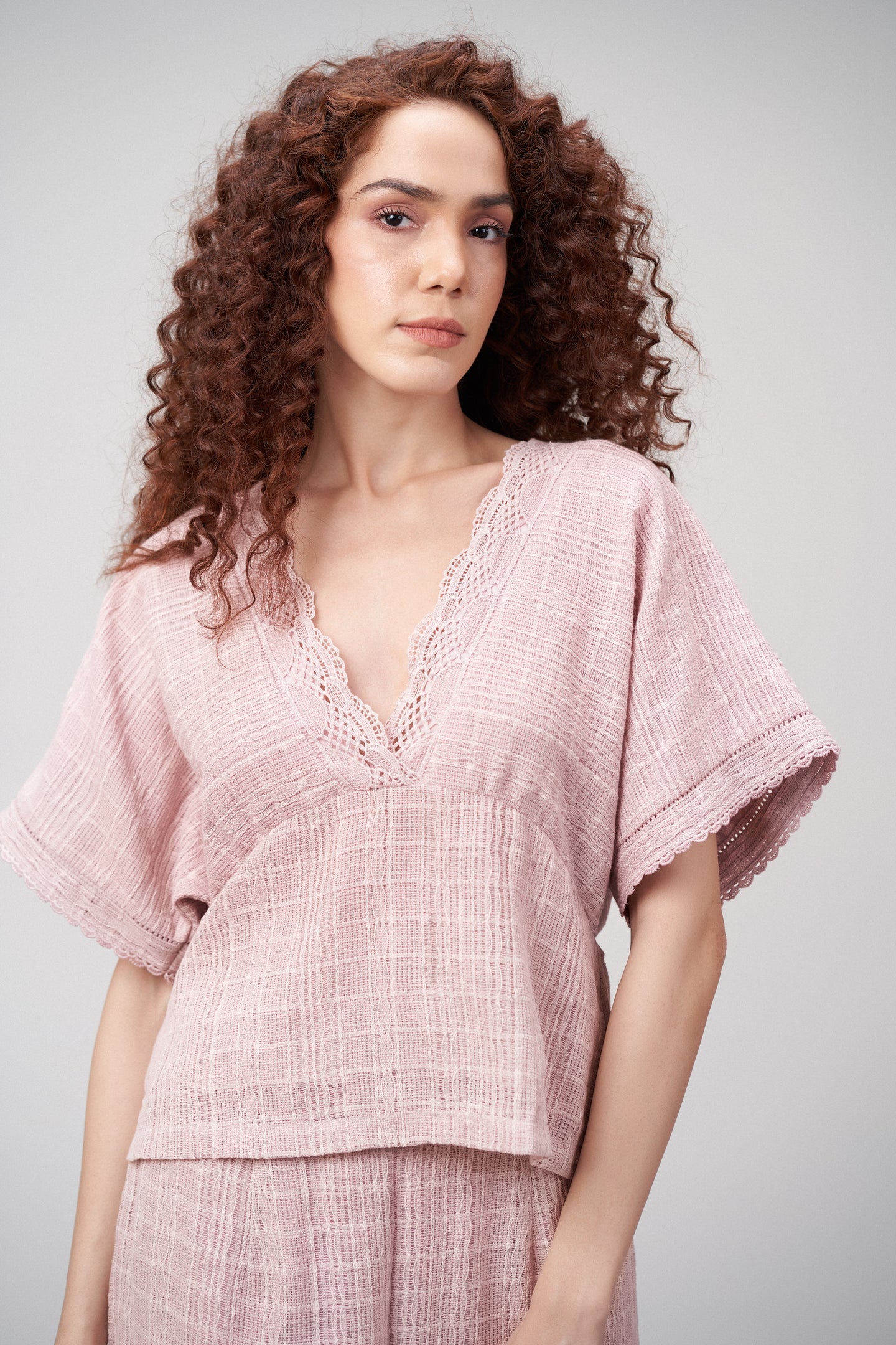 Light Pink Half Sleeve V Necktop Dress Women Ladies Top | Buy Pink Cotton Guipure Peplum Top For Women – Lace Trim V-neckline 