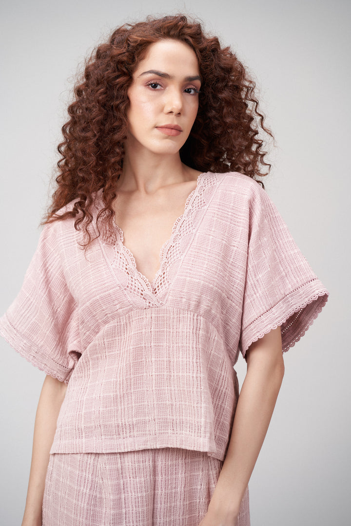 Light Pink Half Sleeve V Necktop Dress Women Ladies Top | Buy Pink Cotton Guipure Peplum Top For Women – Lace Trim V-neckline 