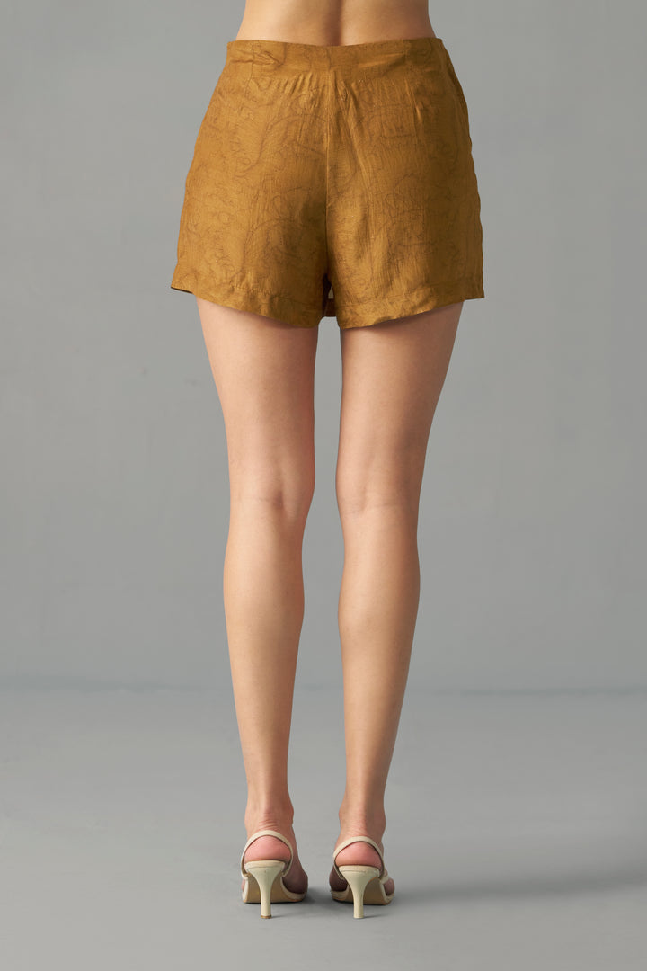 Mustard Printed Wrap Skorts for Women Back View | House of Sava, Mustard-colored shorts worn by a person on a gray background