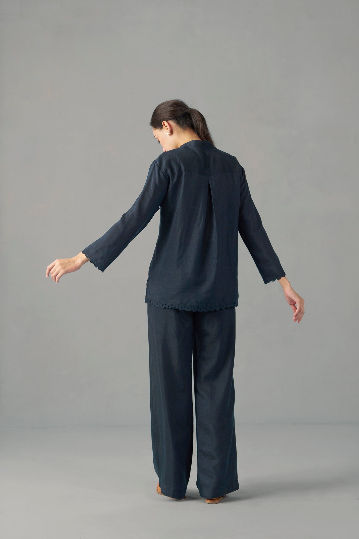 WOMEN NAVY BLUE EMBROIDERED SCALLOPED HEM TOP | fancy tops for women​ | BACKSIDE VIEW