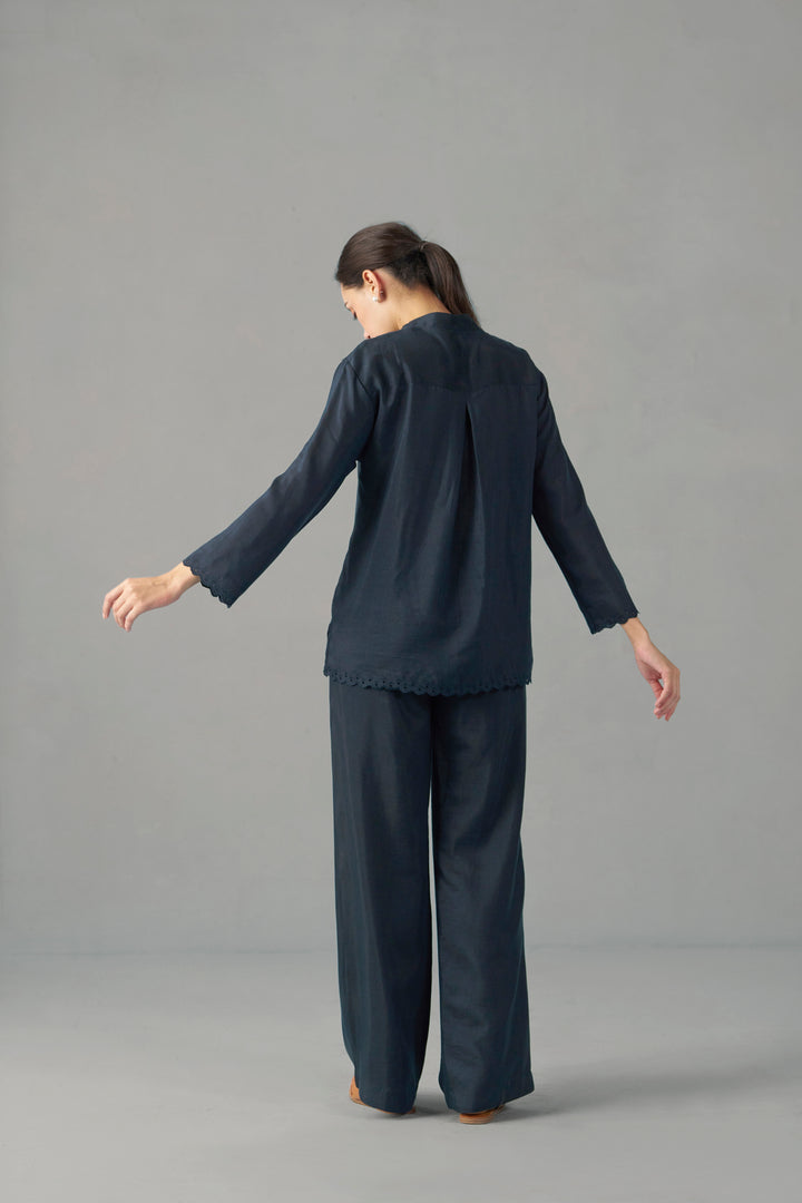 WOMEN NAVY BLUE EMBROIDERED SCALLOPED HEM TOP | fancy tops for women​ | BACKSIDE VIEW