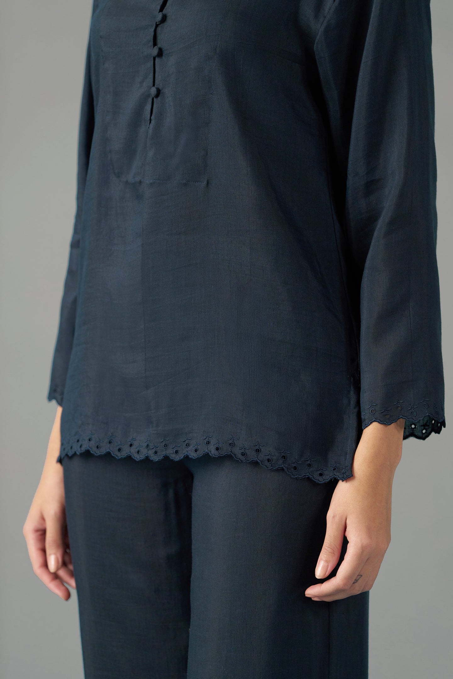 WOMEN NAVY BLUE EMBROIDERED SCALLOPED HEM TOP | fancy tops for women​
|  TOP EMBROIDERED DESING VIEW