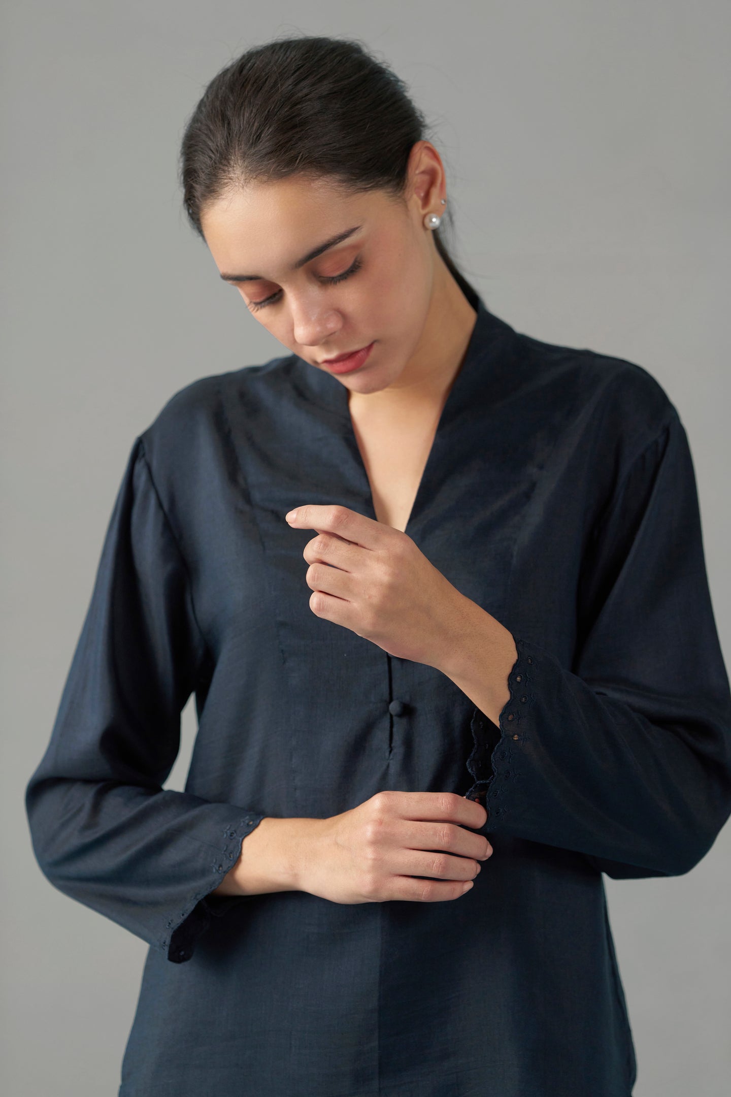 WOMEN NAVY BLUE EMBROIDERED SCALLOPED HEM TOP | SLEEVE EMBROIDERED VIEW