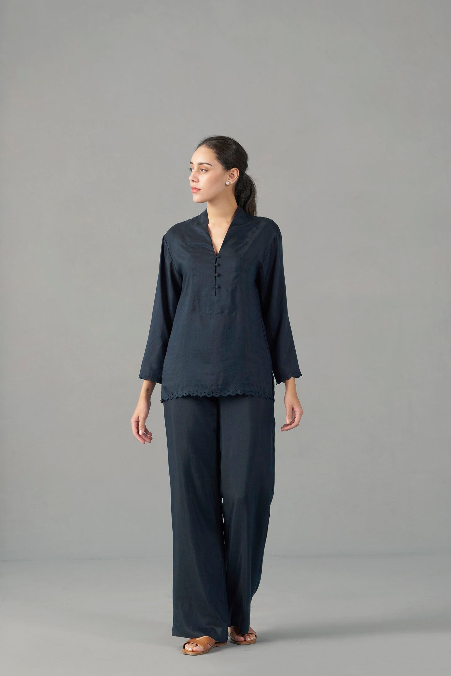 WOMEN NAVY BLUE EMBROIDERED SCALLOPED HEM TOP | fancy tops for women​|  FRONTSIDE FULL VIEW