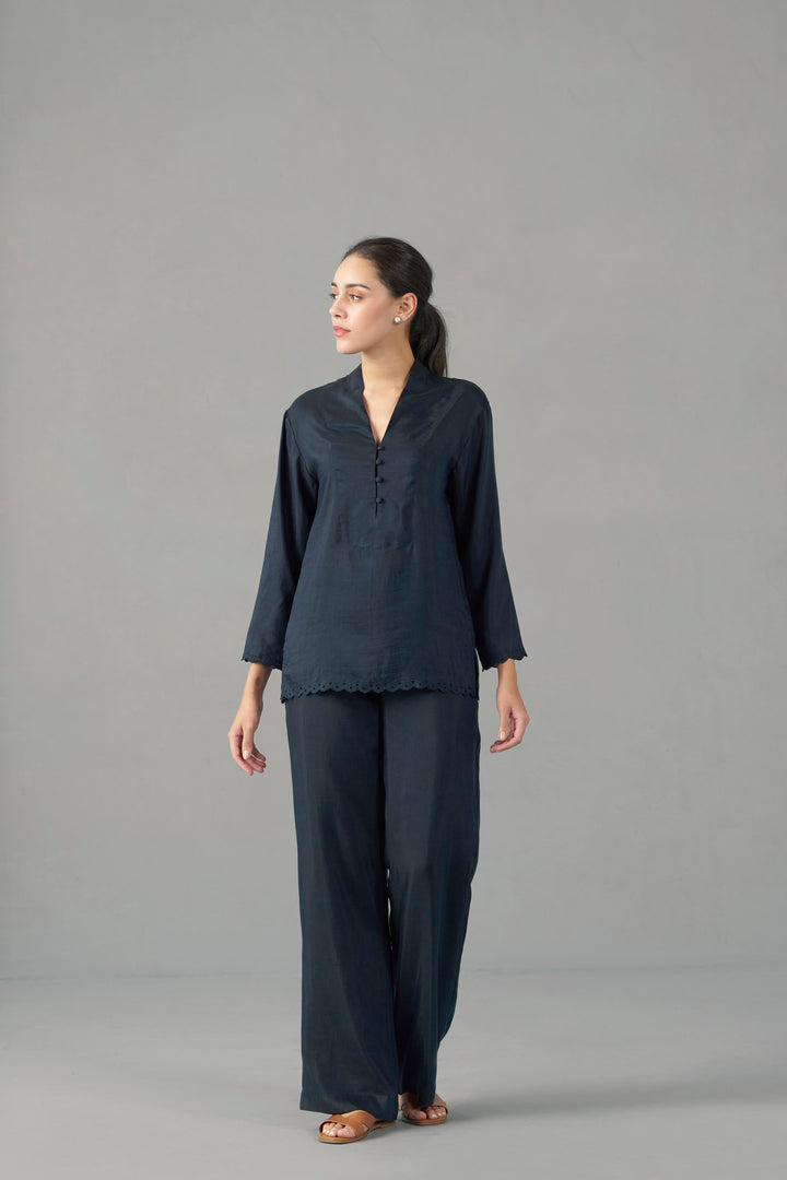 WOMEN NAVY BLUE EMBROIDERED SCALLOPED HEM TOP | fancy tops for women​|  FRONTSIDE FULL VIEW