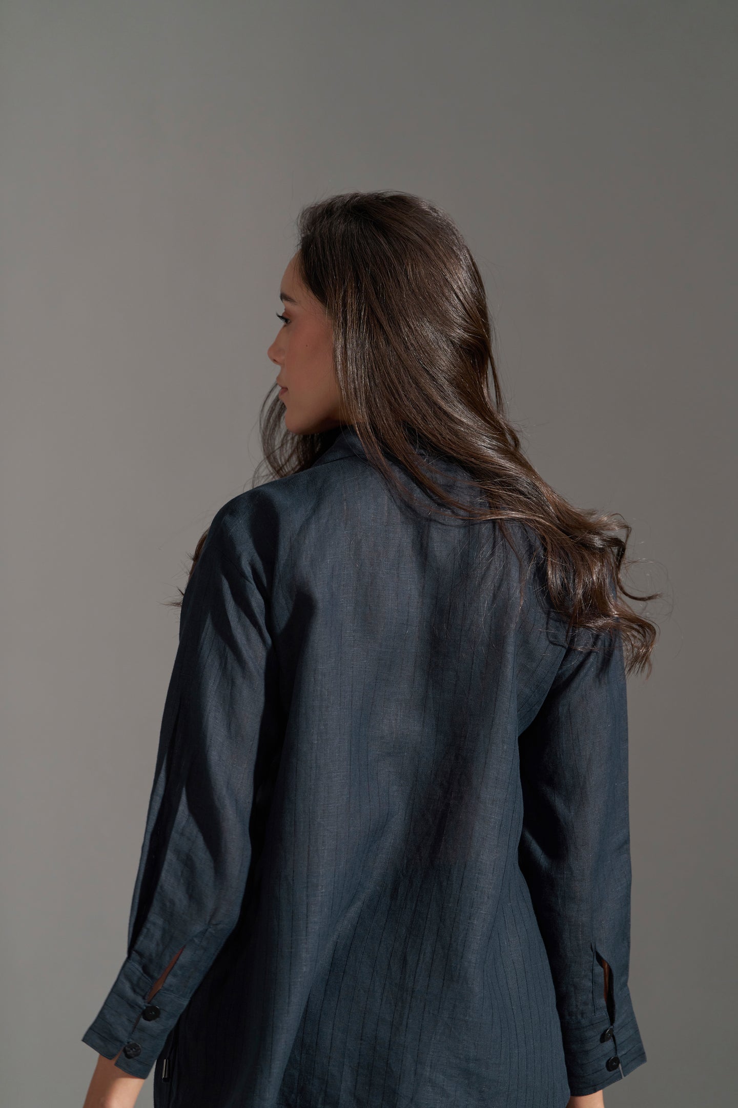 women Linen Collared Tie-Up Top | Navy Blue Womens Top backkside view | Linen Tops for Women