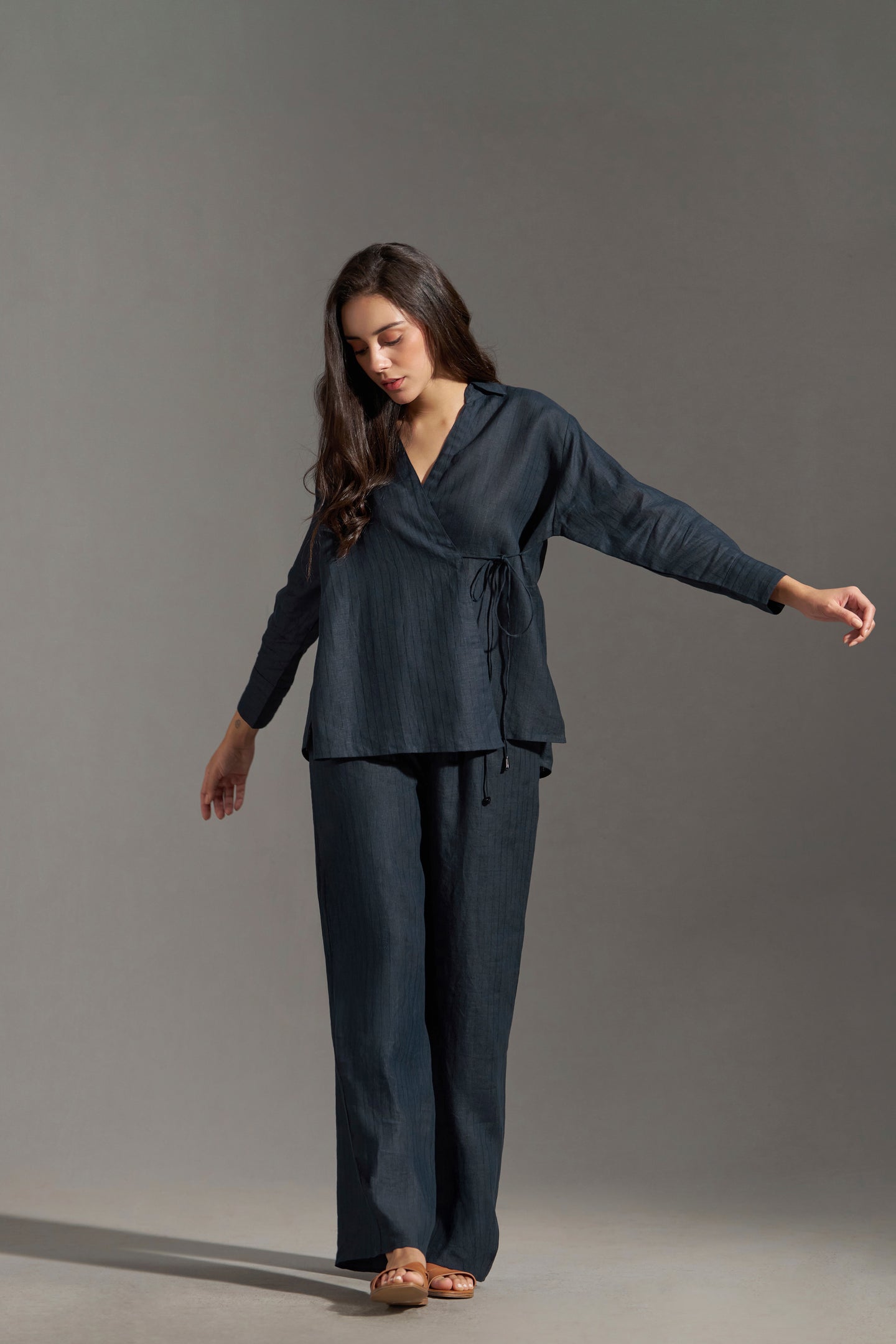 women Linen Collared Tie-Up Top | Navy Blue Womens Top full view | Linen Tops for Women