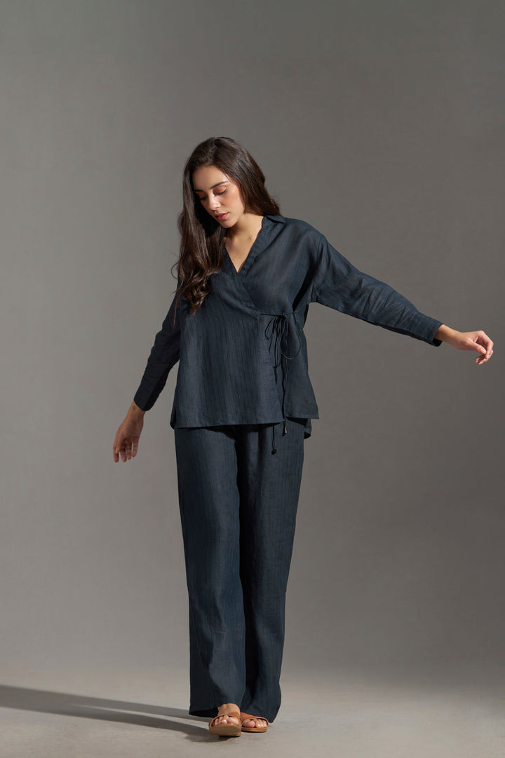 women Linen Collared Tie-Up Top | Navy Blue Womens Top full view | Linen Tops for Women