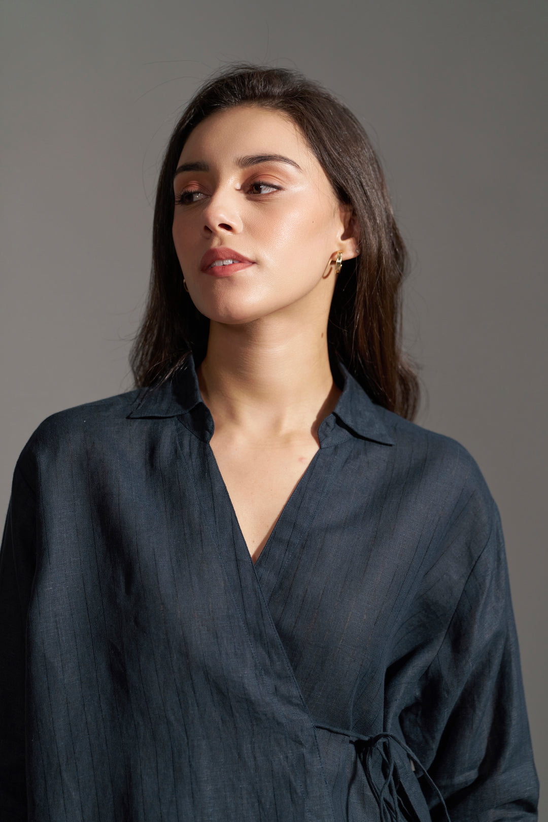 women Linen Collared Tie-Up Top | Navy Blue Womens Top neckside view | Linen Tops for Women