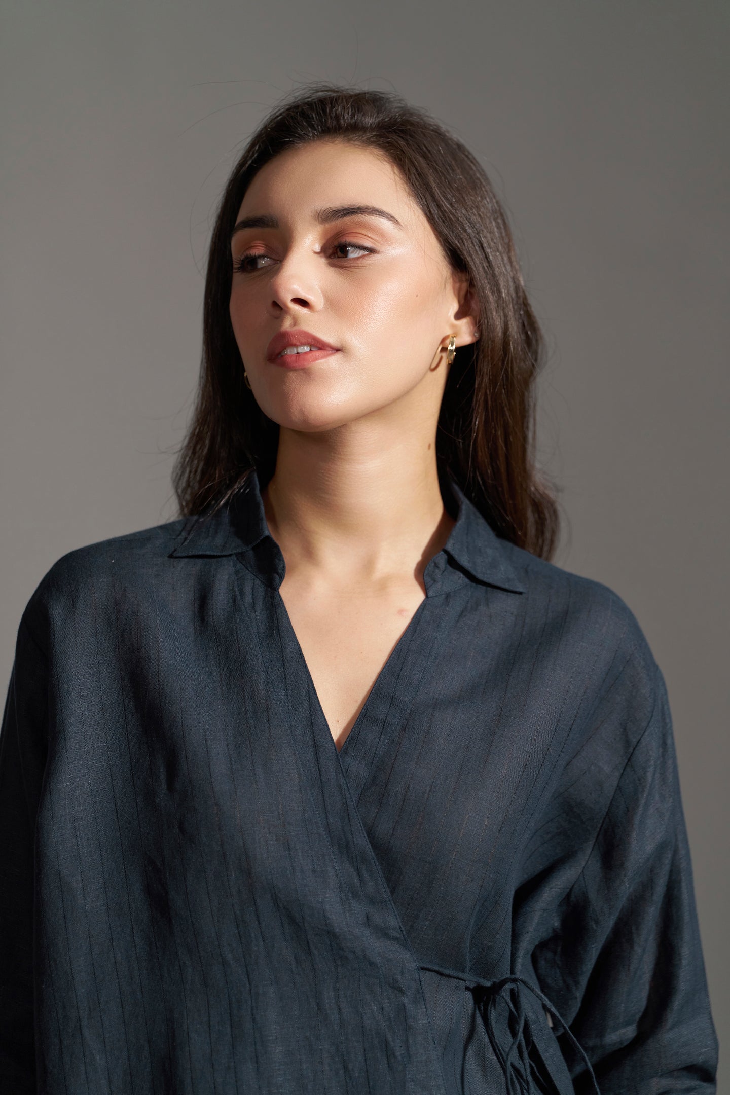 women Linen Collared Tie-Up Top | Navy Blue Womens Top neckside view | Linen Tops for Women