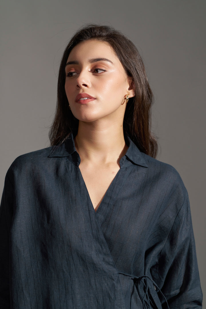 women Linen Collared Tie-Up Top | Navy Blue Womens Top neckside view | Linen Tops for Women