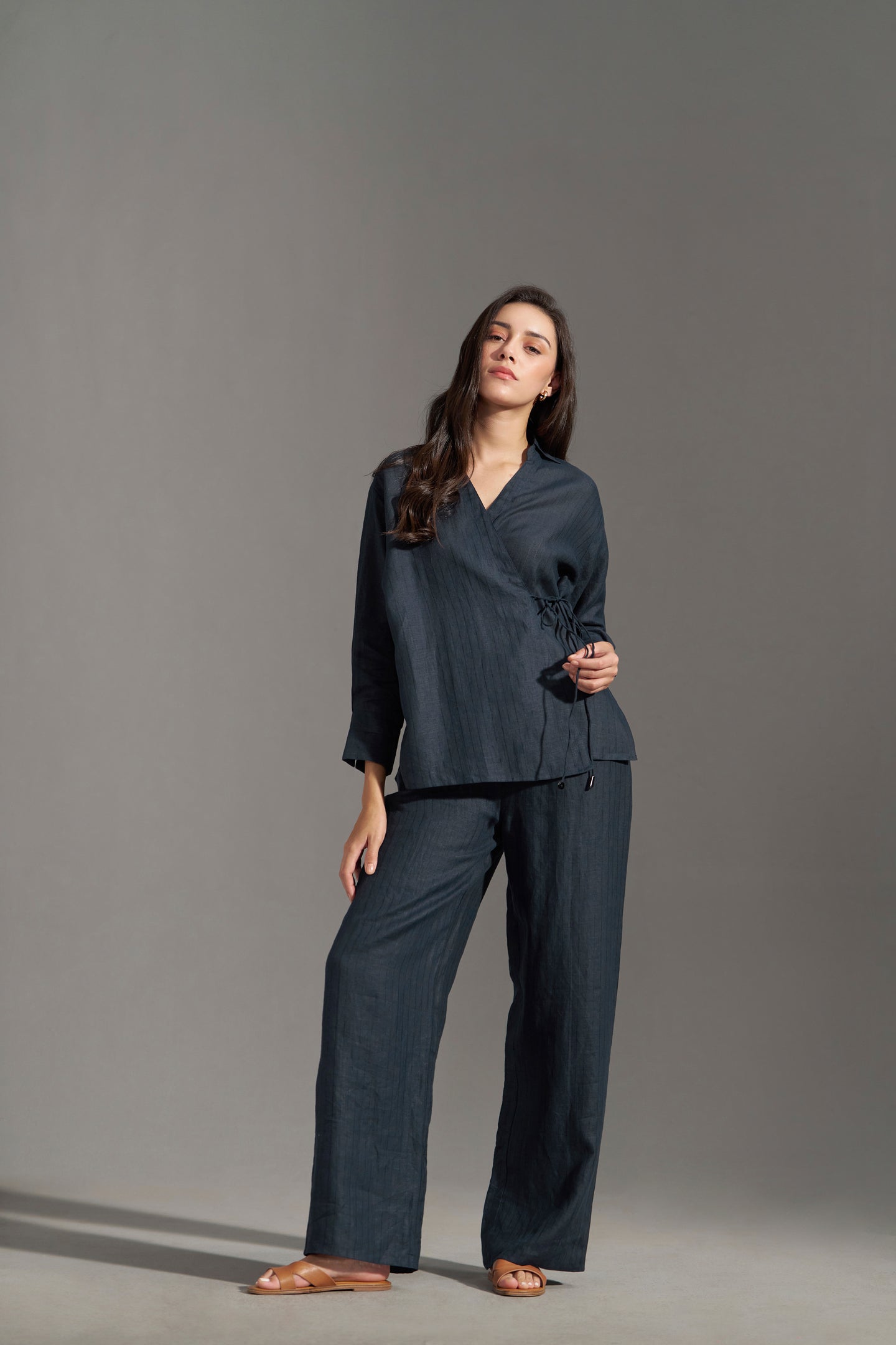 women Linen Collared Tie-Up Top | Navy Blue Womens Top | Linen Tops for Women