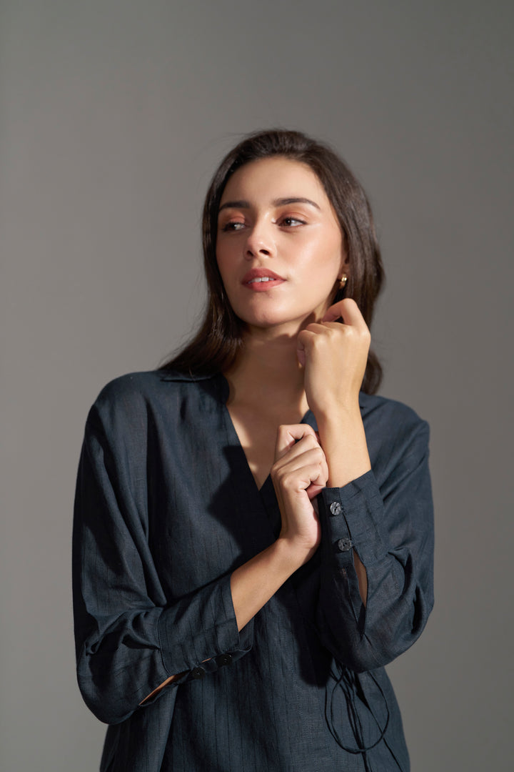 women Linen Collared Tie-Up Top | Navy Blue Womens Top | Linen Tops for Women| sleeve view