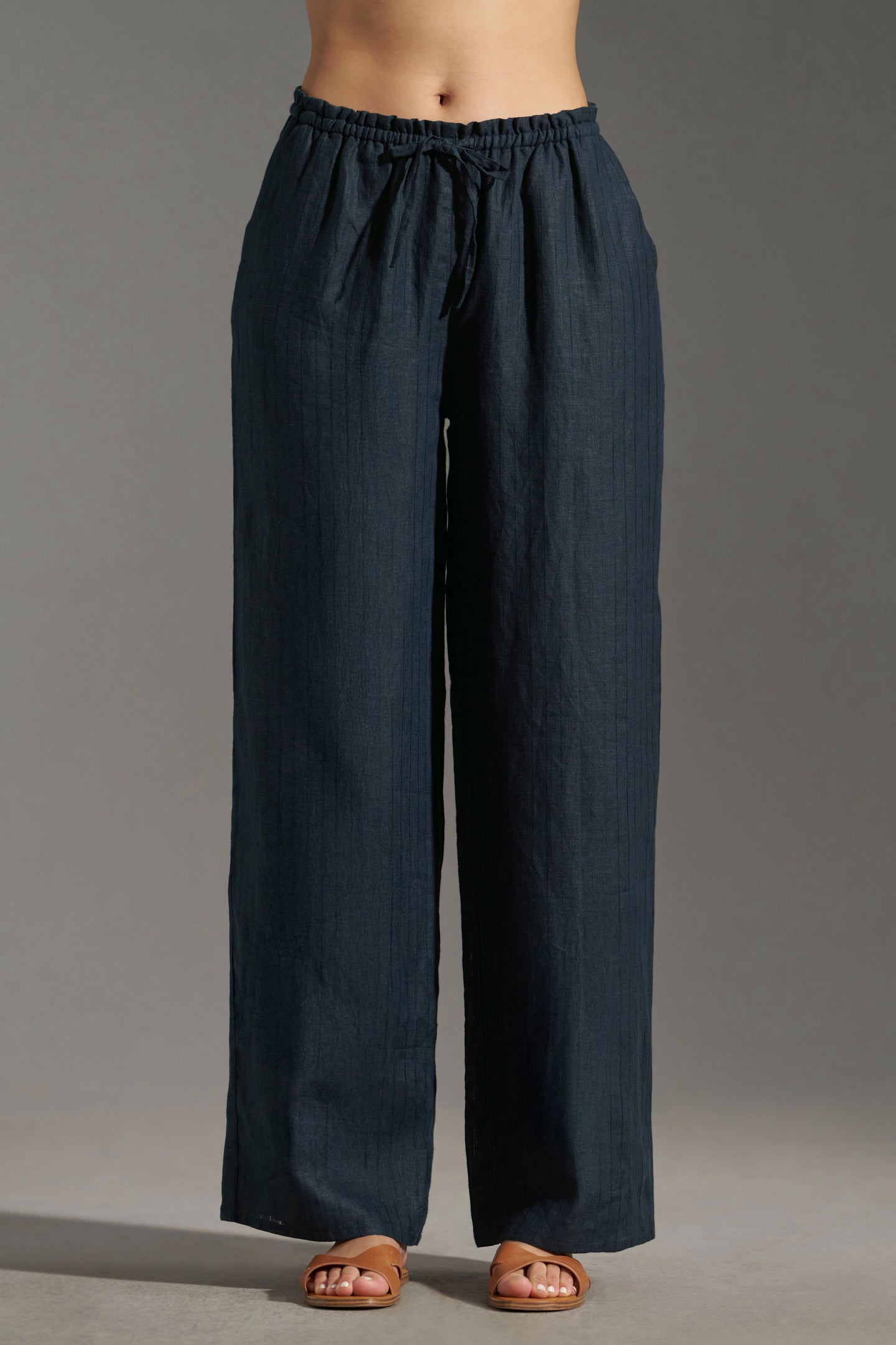 Navy Blue relaxed fit elastic trousers for women | frontside full view