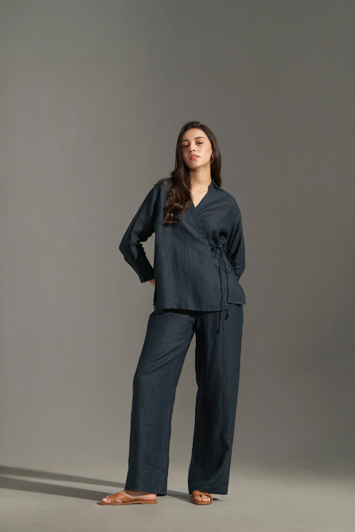 Navy Blue relaxed fit elastic trousers for women | top & bottom pair full view