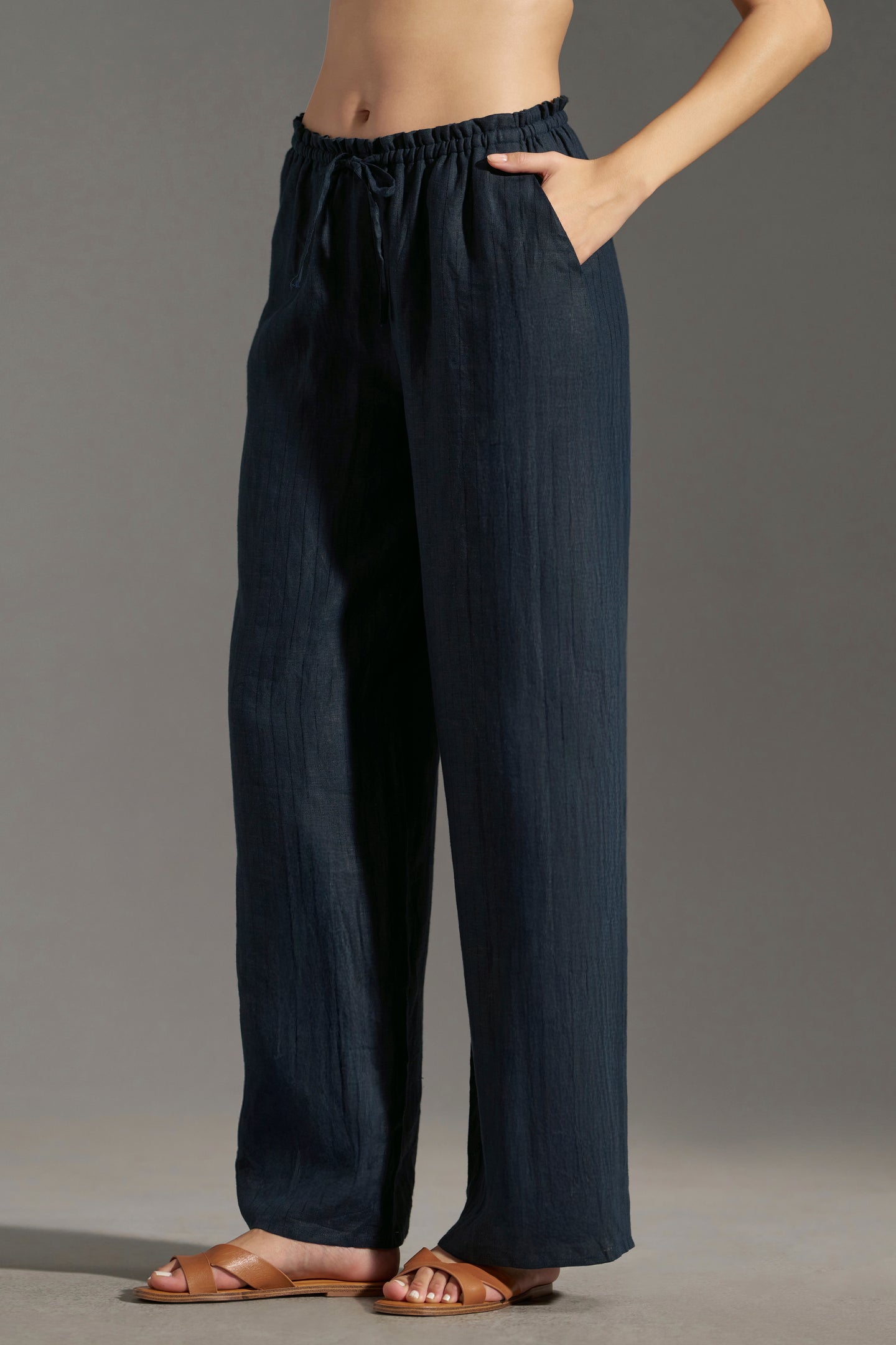 Navy Blue relaxed fit elastic trousers for women | leftside full view