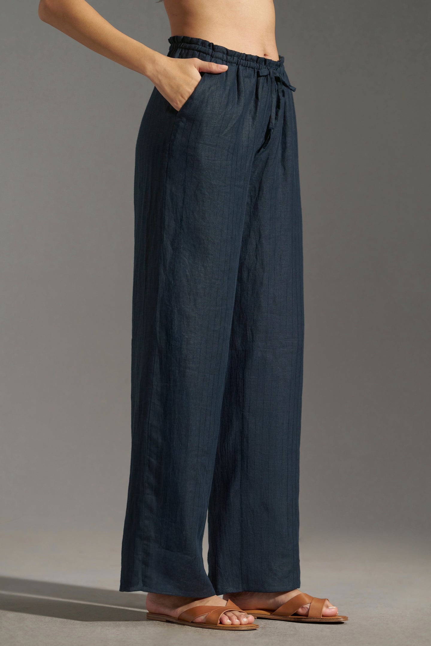 Navy Blue relaxed fit elastic trousers for women | rightside full view