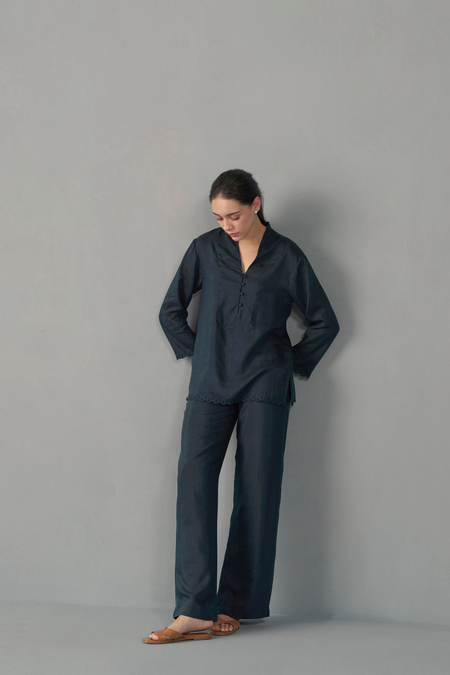 navy straight fit trousers | frontside full view top & trouser