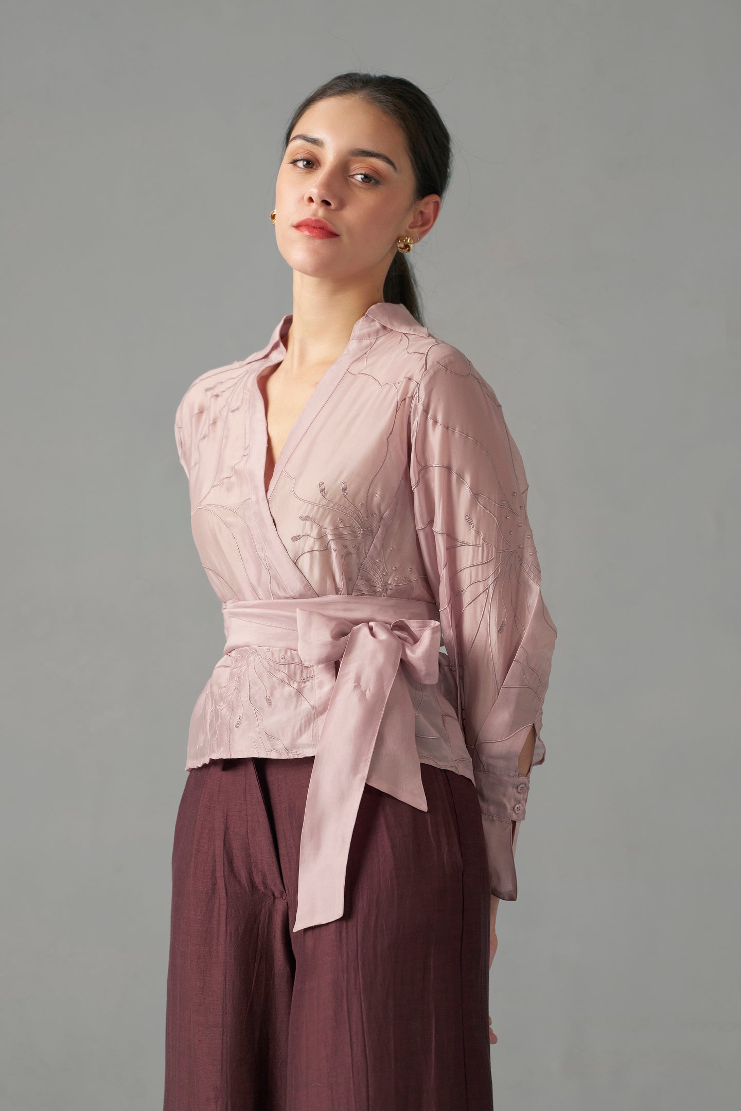  women onion pink Embroidered Blouse With Tie-Up | Best Tops for Women | frontside view