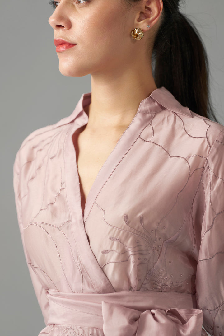  women onion pink Embroidered Blouse With Tie-Up | Best Tops for Women | neckside view