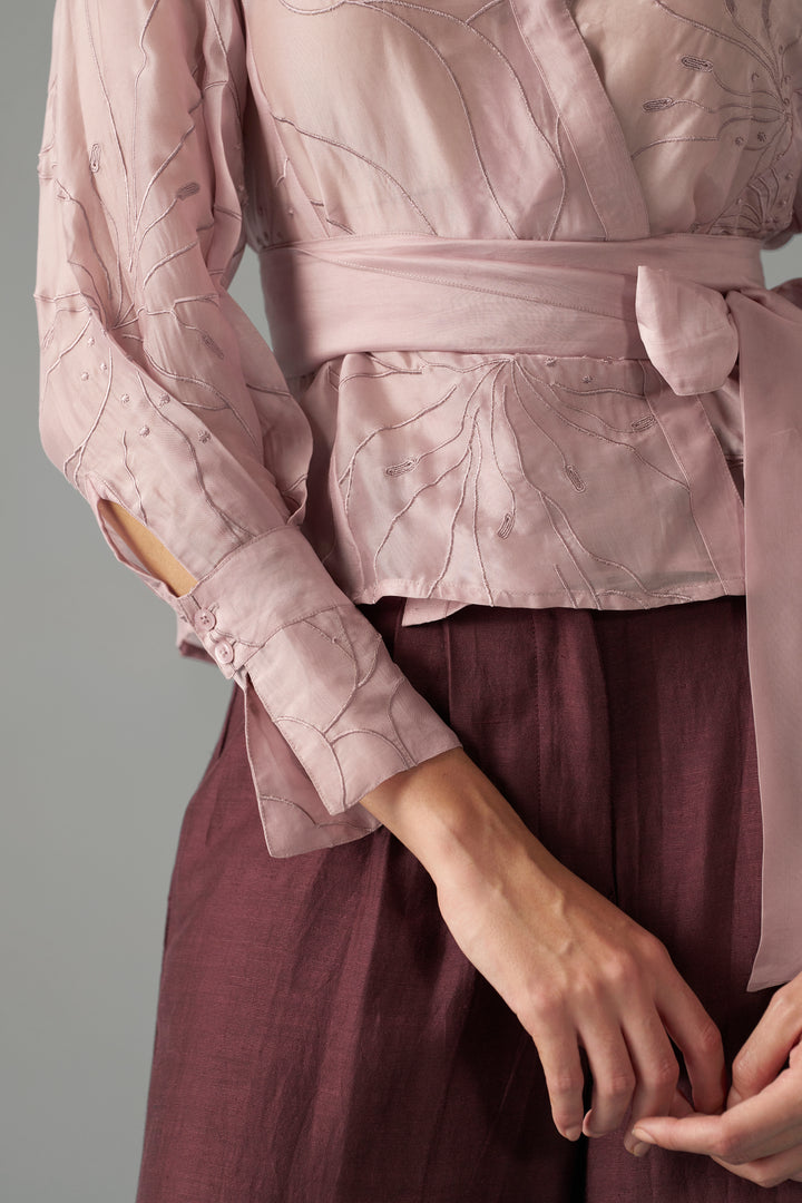  women onion pink Embroidered Blouse With Tie-Up | Best Tops for Women | sleeveside view