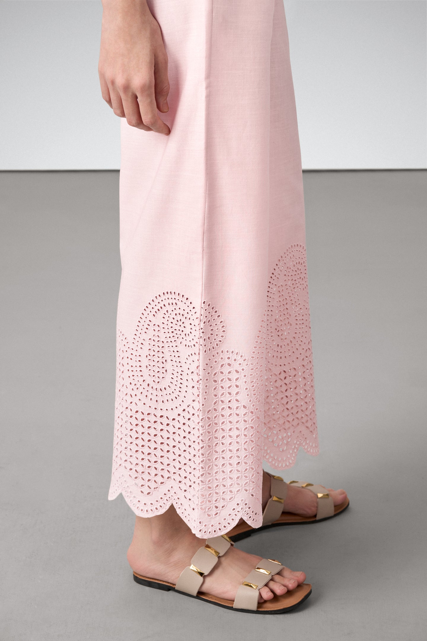 women pants schiffli detailed embroidery eyelet lace detailing scallop high rise pink Cotton Trousers bottom view