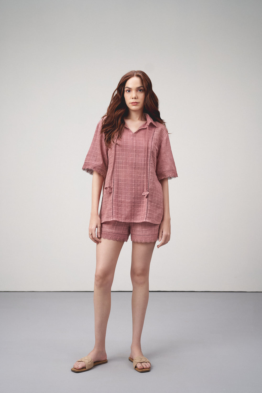 Cotton Pink Embroidered Split Neckline Tie Up String Half Sleeve Shirt For Women Ladies for Full Model View | Rosy Brown Cotton Guipure V-neck Top For Women 