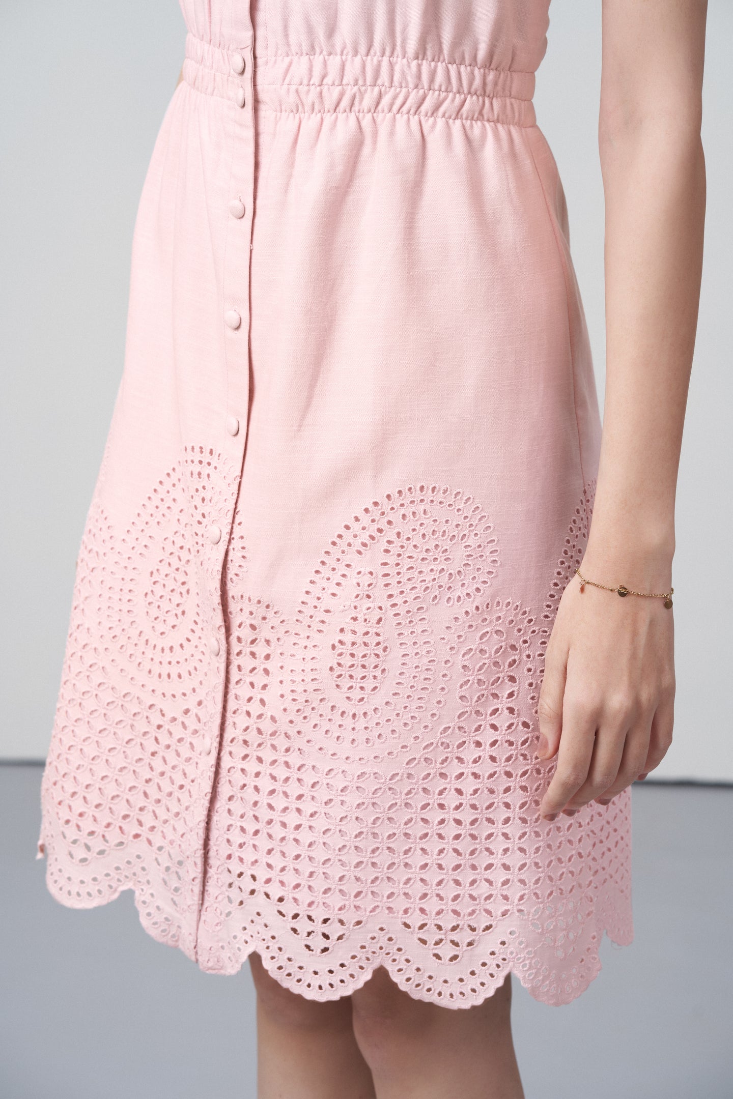 Cotton Square Neckline Spaghetti Straps Eyelet Cutwork Embroidery Scallop Hem Short Dress For Women Ladies Pink Color Embroidery Hem View | Blush Pink Cotton Eyelet Embroidered Dress – Scallop Hem | Eyelet Embroidery Scalloped Short Dress
