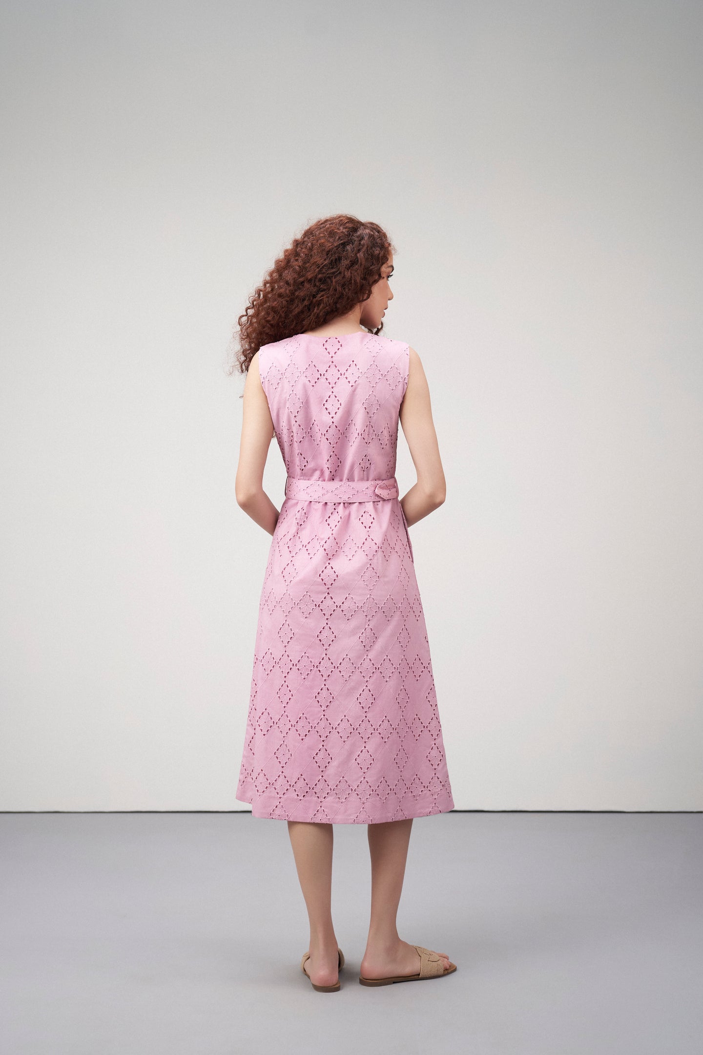 Cotton Embroidered Eyelet Split Neck Sleeveless Dress For Women Ladies Pink Green Color Back Model View | Women's Pink Cotton Sleeveless Relaxed Fit Eyelet Cutwork Dress 